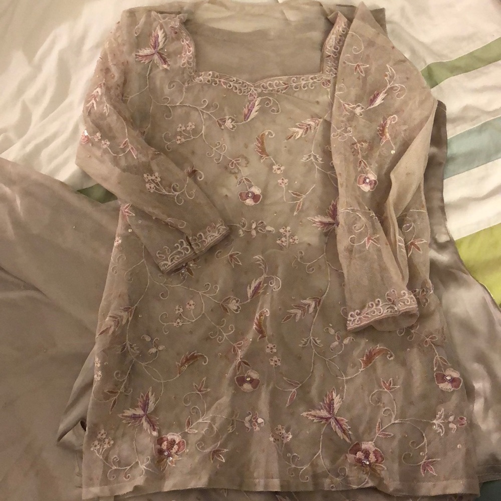 Pale purple crocheted net and satin lengha NEW